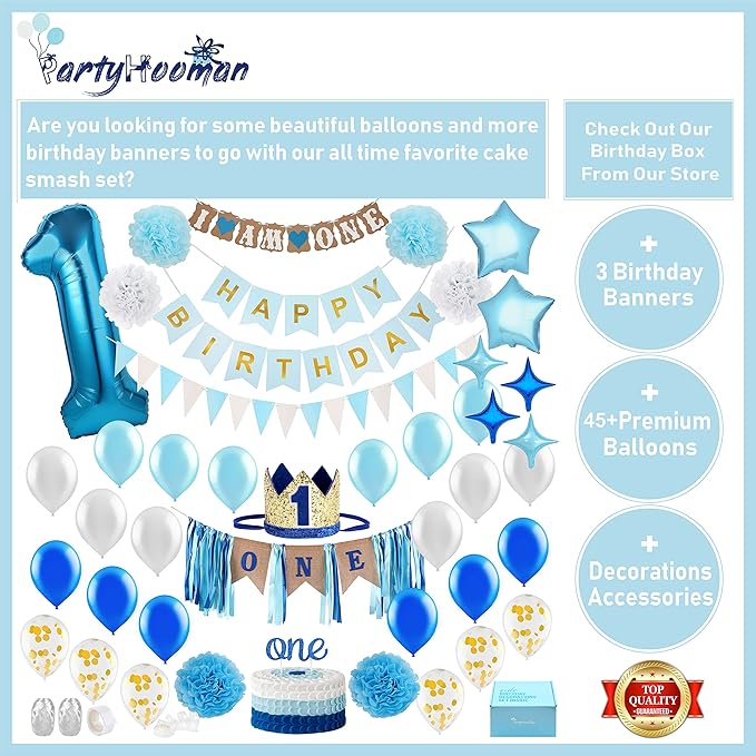 Baby 1st Birthday Boy Decorations with Crown - Baby Boy First Birthday Decorations High Chair Banner - Cake Smash Party Supplies - Happy Birthday ONE Burlap Banner, No.1 Gold and Blue Crown