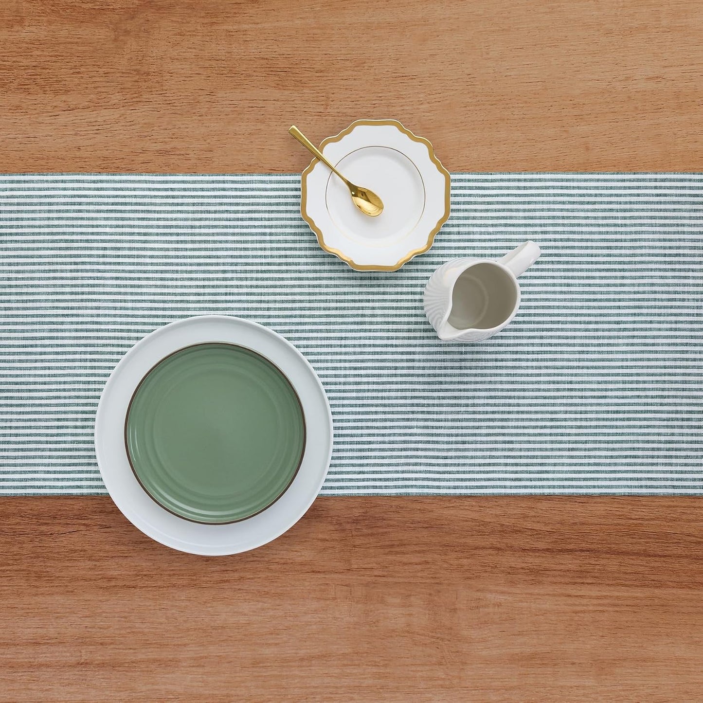 Solino Home Linen Table Runner 120 Inches Long - Narrow Stripe, 100% Pure Linen Rainforest and White Table Runner 14 x 120 Inch for Dining, Christmas