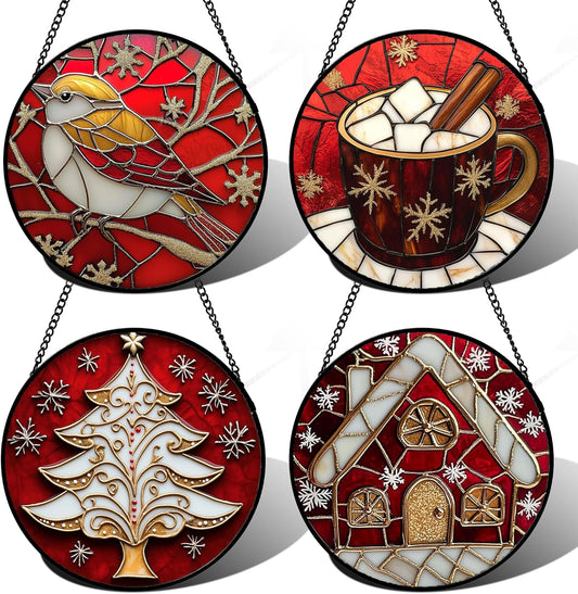 Stained Glass Window Hanging 4 Pcs Set Red Christmas Themed Decorations 7.8" - Suncatcher Door Garden Sun Catcher Decor Birthday New Year for Mom Woman Nana Men