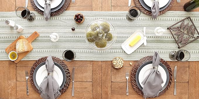 DII Farmhouse Braided Stripe Table Runner Collection, 15x108 (15x113, Fringe Included), Artichoke Green
