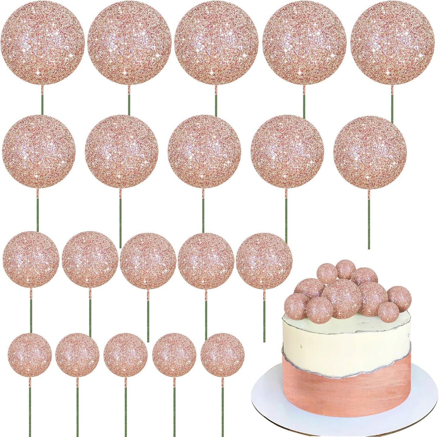 BEISHIDA 20 PCS Rose Gold Glitter Bling Mini Ball Cake Toppers Foam Cake Balls Decoration Supplies for Happy Birthday Anniversary Wedding Baby Shower Graduation Christmas Cake Decorations