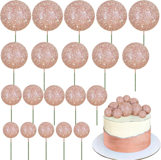 BEISHIDA 20 PCS Rose Gold Glitter Bling Mini Ball Cake Toppers Foam Cake Balls Decoration Supplies for Happy Birthday Anniversary Wedding Baby Shower Graduation Christmas Cake Decorations