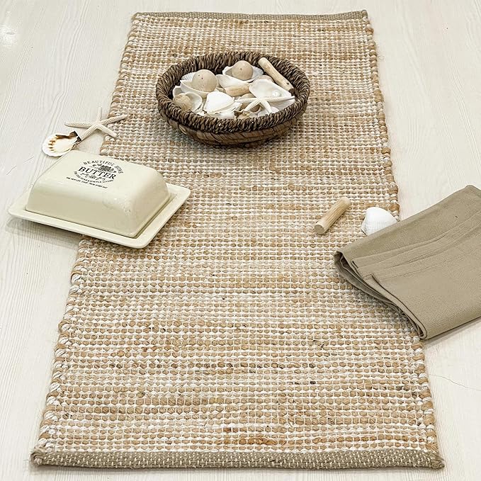 Chardin home Natural Jute Table Runner 13x48 Inch – Vintage Boho Rustic Table Decor – Handwoven Table Runner in Natural Jute and Ivory – Farmhouse Dining or Console Table Accent