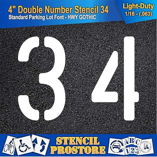 Pavement, Curb, and WheelStop Stencils - 4 inch Double Number Stencil - (34) - 4" x 5.5" x 1/16" (63 mil) - Light-Duty