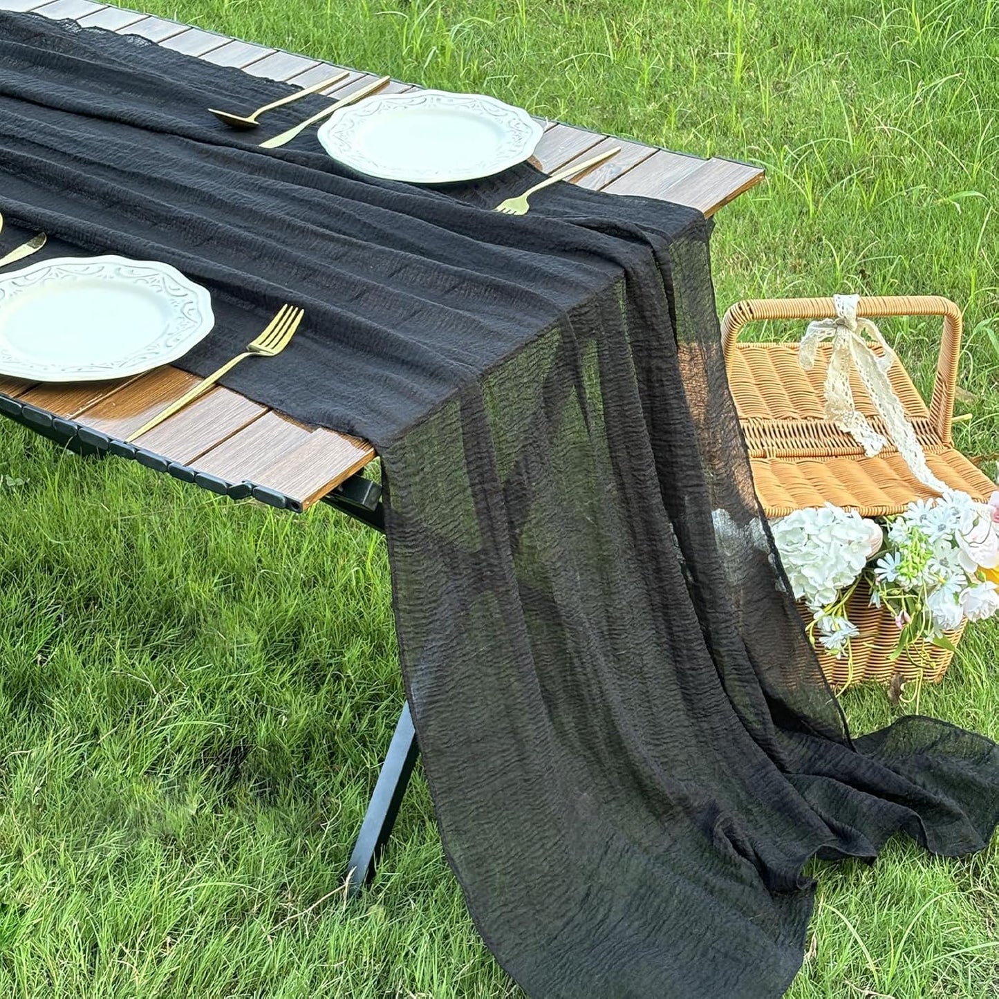FEXIA 3 Pack Black Cheesecloth Table Runner 30x118 Inches Rustic Boho Gauze for Wedding Baby Shower Bridal Shower First Communion and Home Decorations