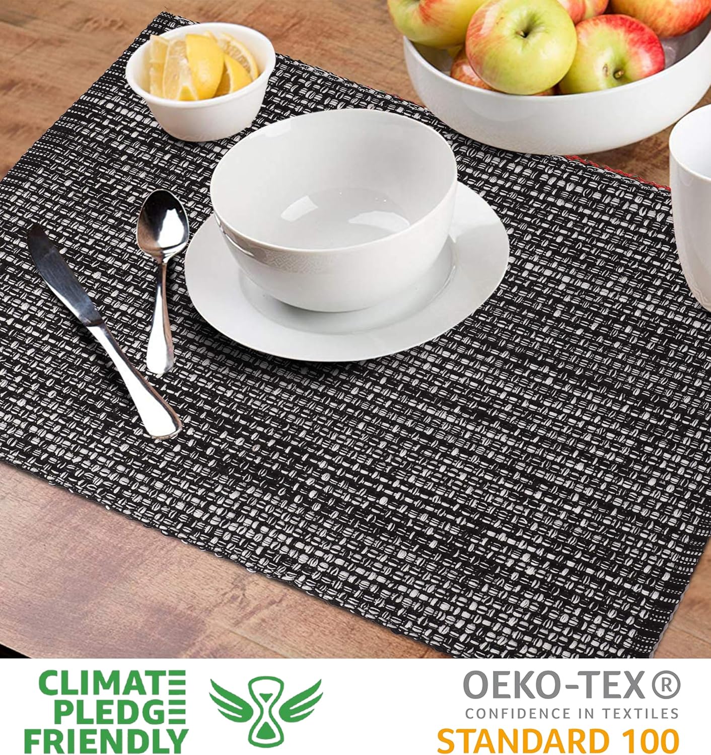 Urban Villa Set of 6 Blak Placemats for Dining Table 100% CottonPlacemats 14''x20'' Over Sized Tablemats Placemats Black/White Two Tone Tablemats for Family Dinners Wedding Parties Everyday Use