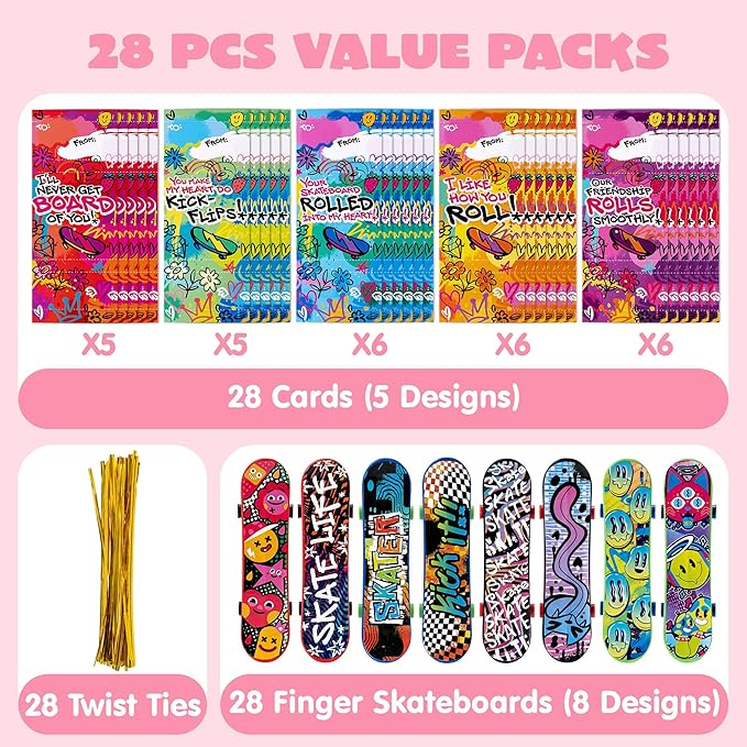 JOYIN 28 Pcs Valentines Day Finger Skateboards with Cards for Kids, Valentine Party Favor, Greeting Cards, Classroom Exchange Prizes, Holiday Reward Gifts, Finger Skateboard Toys