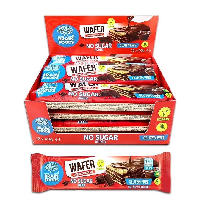 BRAIN FOODS Gluten Free Vegan Double Chocolate Wafers - 12 Bars, No Sugar Added, High Fiber, No Palm Oil, 1.4 oz, 170 Calories, Guilt Free Snack, Natural Chocolate Flavor