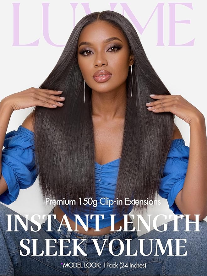 LUVME Silky Straight Seamless 150g 7Pcs Clip in Hair Extensions, Full Volume with 22 Inch Natural Black, 100% Real Soft Remy Human Hair, Adds Fuller Hair for Daily Wear & Special Occasions