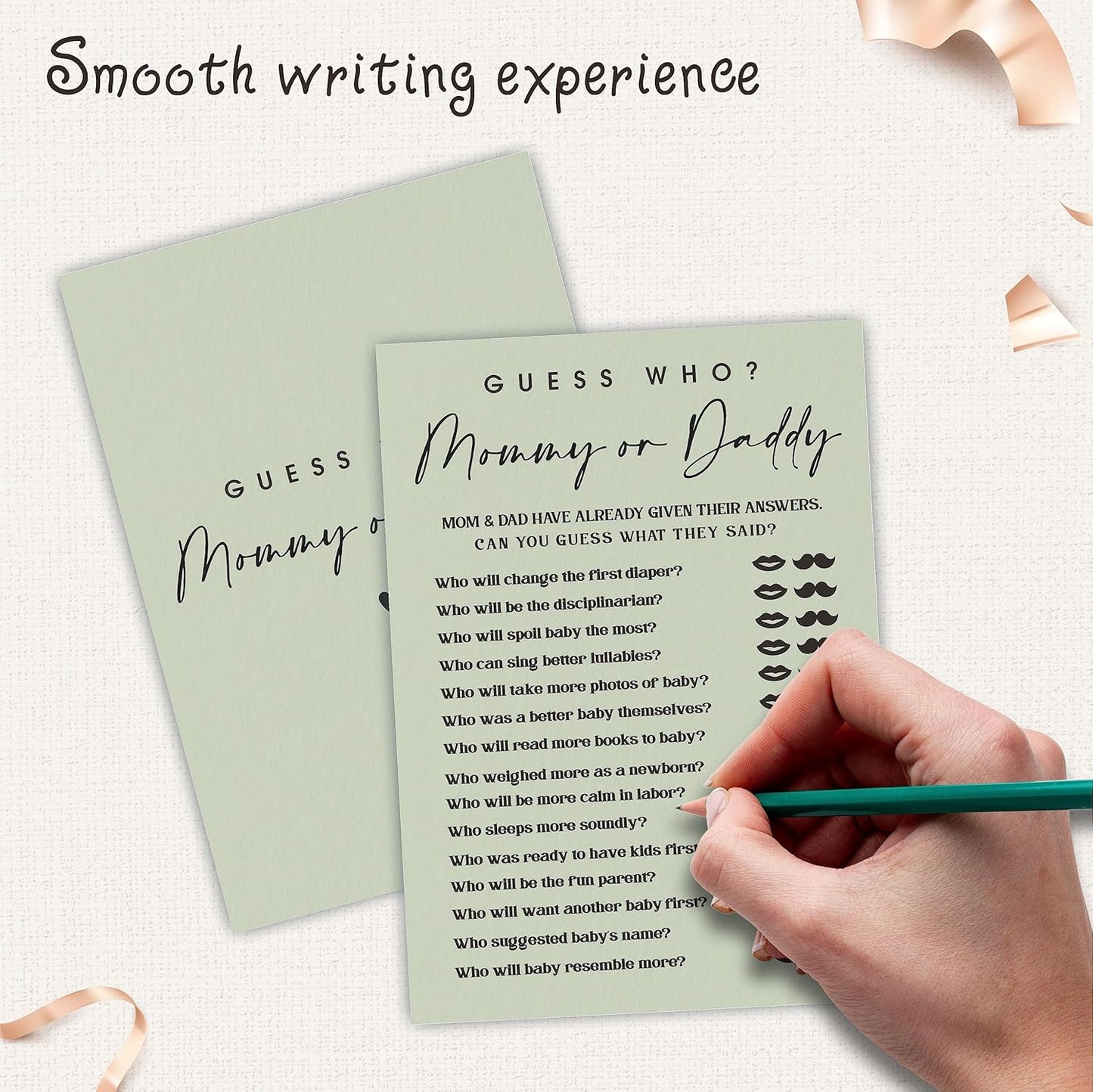 Guess Who? Game Cards For Baby Shower Game & Activity - 5"X7" Mommy Or Daddy Moss Green Double-Sided Fill In Style Game Cards, Gender Reveal Game - Baby Shower Party Favors (Pack Of 30)-B04