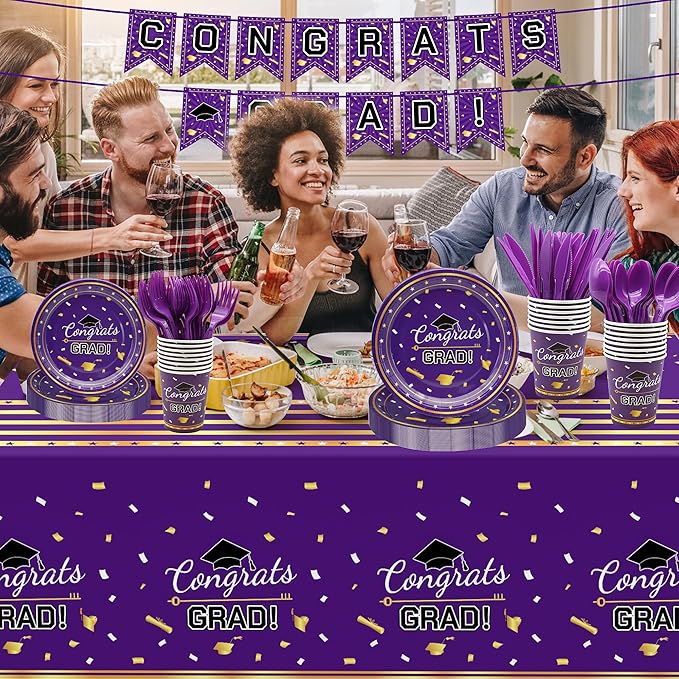 Graduation Decorations Class of 2026,147 PCS Purple and Gold Graduation Decorations,Disposable Congrats Grad Tableware Banner Graduation Plates Cups Tablecloth for Party Supply,School,College,Serve 24