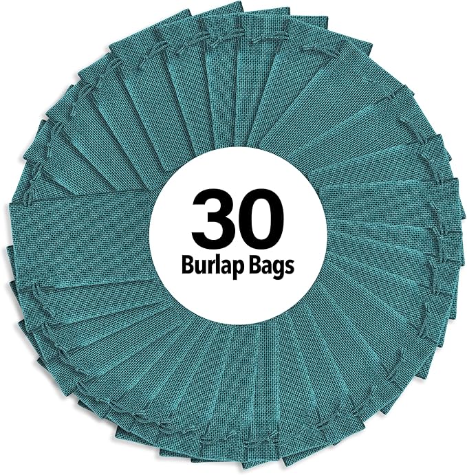 Mandala Crafts 5X7 Inch Teal Burlap Drawstring Gift Bags for Favors - 30 Small Linen Sacks Gift Pouches for Candy, Coffee, Jewelry, Wedding, and Party Supplies