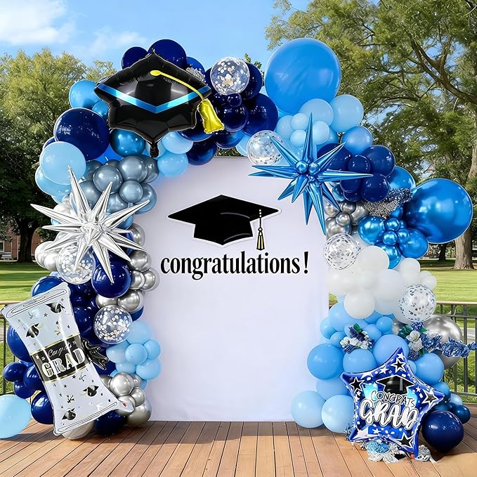 Blue Graduation Balloon Arch Garland Kit 2026, Blue White Graduation Decorations with Foil Grad Cap Diploma Star Balloons for Congrats Class of 2026 Graduates Celebrations Party Decorations