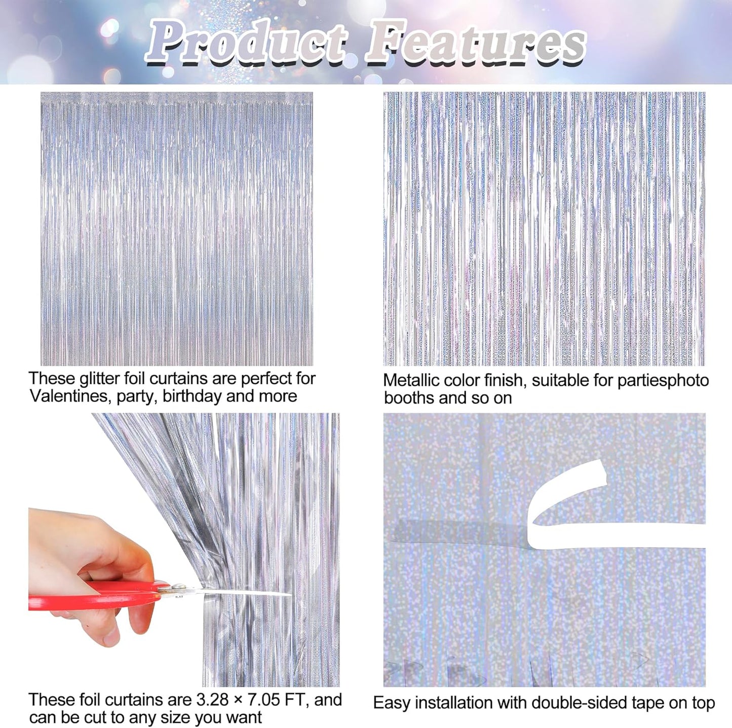 8 Pack Fringe Backdrop, 3.28 FT x 7.05 FT Glitter Silver Fringe Tinsel, Metallic Foil Curtains Disco Photo Backdrop Foil Streamer, Silver Party Decorations Disco Decor Engagement Party Supplies