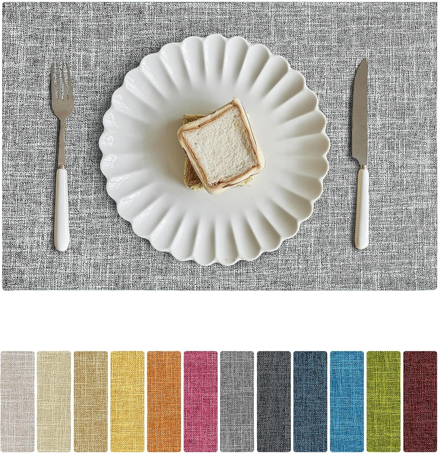 Softalker Faux Linen Placemats Set of 8-12 x 18 Inch, Heat Resistant Double Layered Durable Burlap Farmhouse Place Mats, Non-Slip Washable Rustic Table Mats for Dining, Kitchen, Party（Ash Grey