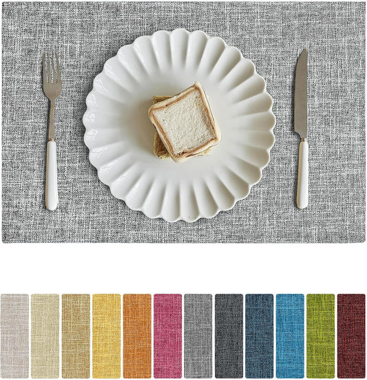 Softalker Faux Linen Placemats Set of 6-12 x 18 Inch, Heat Resistant Double Layered Durable Burlap Farmhouse Place Mats, Non-Slip Washable Rustic Table Mats for Dining, Kitchen, Party（Ash Grey