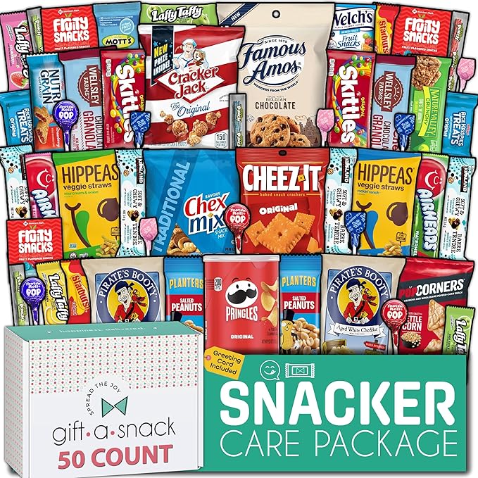 Gift A Snack - Halloween Trick or Treats Snack Box Variety Pack Care Package + Greeting Card (50 Count) Birthday Sweet Treats Gift Basket, Candies Chips Crackers Bars, Office Food Assortments