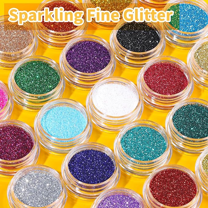 LEOBRO Fine Glitter, 24 Colors Glitter for Crafts, Resin, Nail Body, DIY Party Decorations