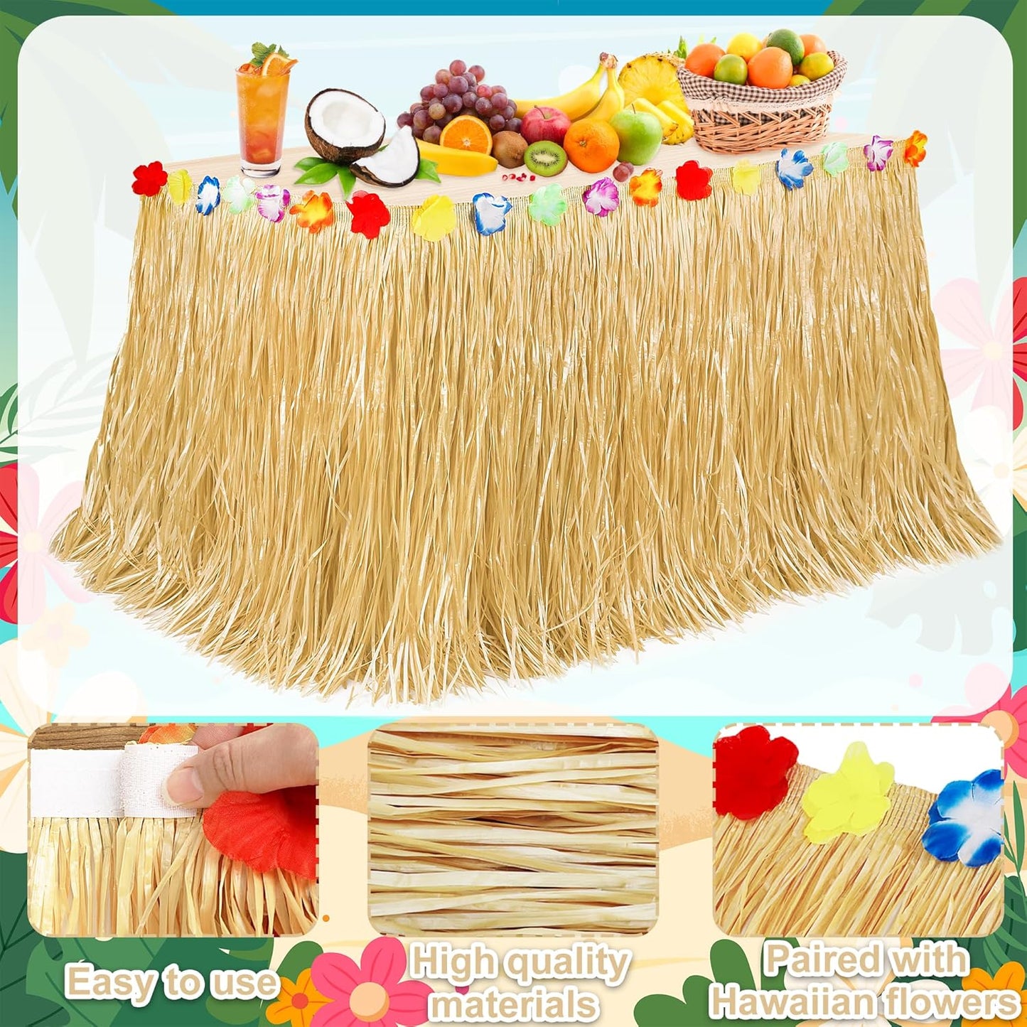 8PCS Hawaiian Table Skirt, Gold Luau Themed Grass Table Skirt Party Supplies, Indoor Outdoor 108 X 29.5" Flower Tropical Hula Dance Parties Supplies Bulk, Table Skirt for Summer Beach Themed Party
