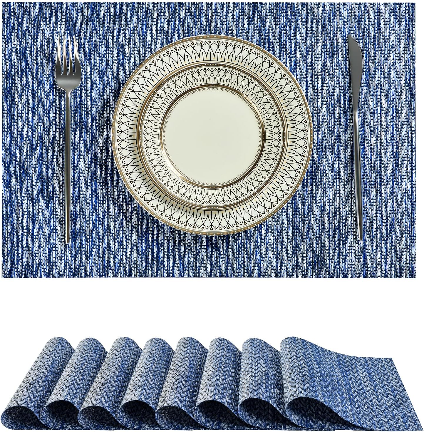 Leetaltree Blue Placemats Set of 8 - Heat Resistant Non-Slip Place mats for Dining Table, Washable Durable PVC Vinyl Woven Table Mats（Blue Zigzag, 8）