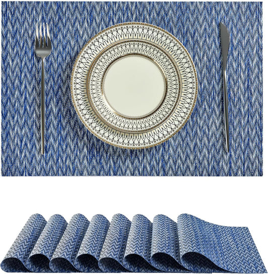 Leetaltree Blue Placemats Set of 8 - Heat Resistant Non-Slip Place mats for Dining Table, Washable Durable PVC Vinyl Woven Table Mats（Blue Zigzag, 8）