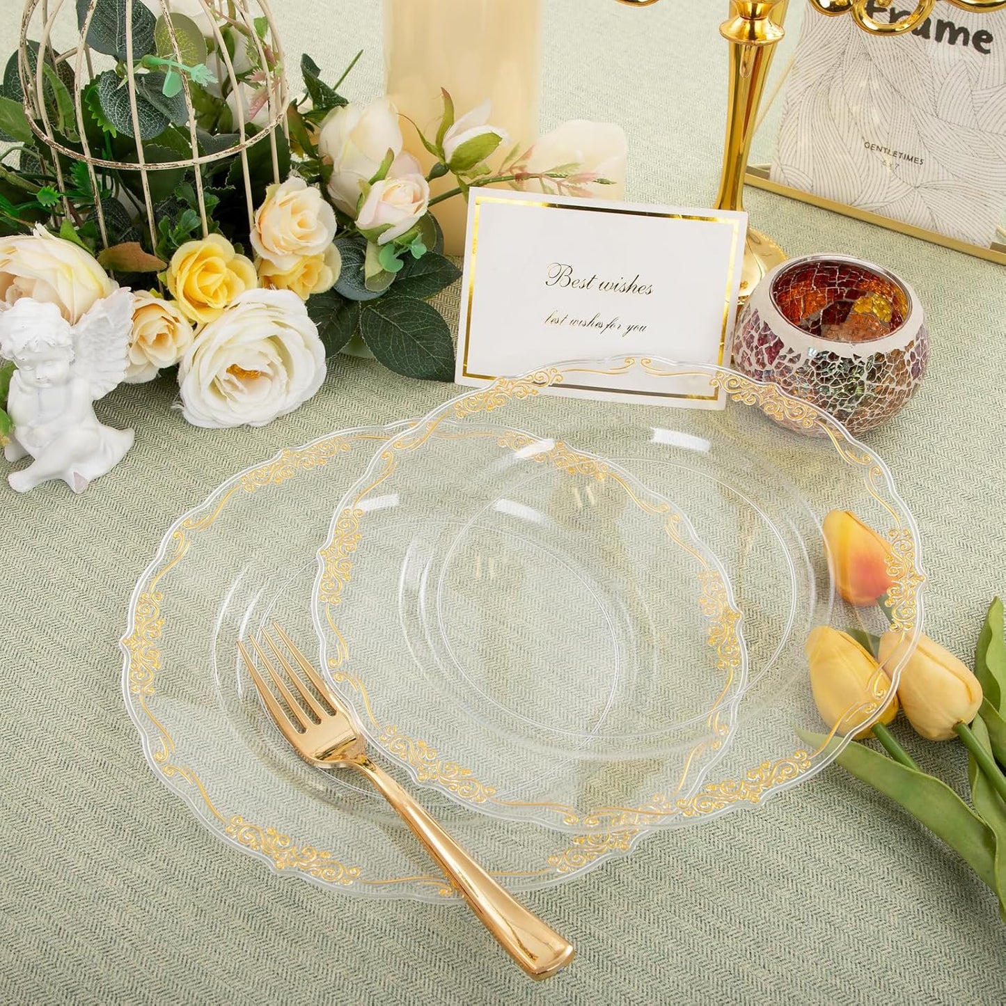 DaYammi 60PCS Clear Gold Plastic Plates Fancy Heavy Duty Clear Disposable Plates Premium 10.25inch Dinner Plates with Gold Rim Hard Plastic Plates Disposable for Party and Wedding