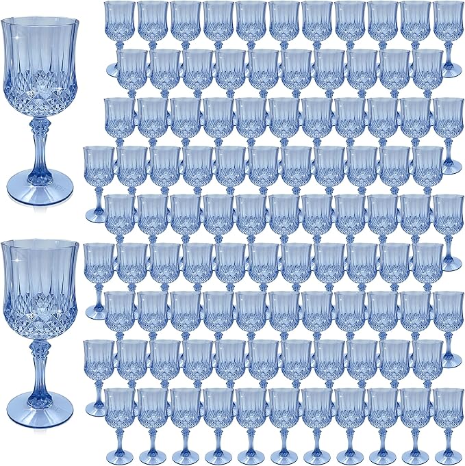 Plastic Wine Glasses, Plastic Goblets Vintage Style Cordial Unbreakable Drinking Glasses, Reusable Drinkware for Wedding Reception, Grand Event Party Supplies, Easter (100, Blue)
