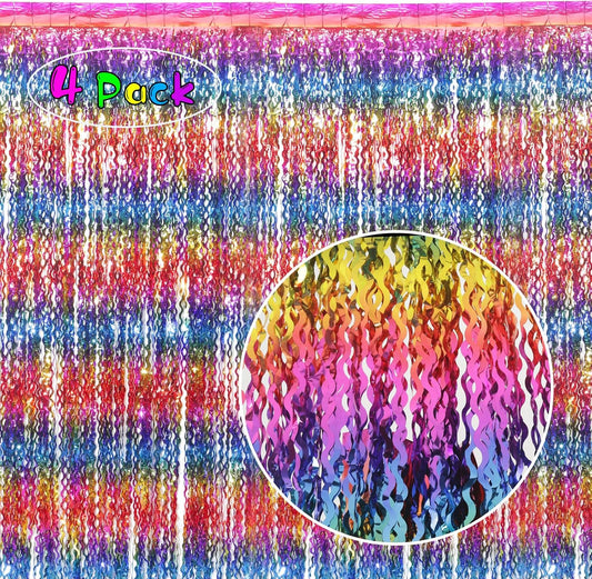 4 Pack Wavy Rainbow Foil Fringe Curtain | 3.3x6.6ft Colorful Tinsel Metallic Streamers Holiday Photo Booth Props Backdrop for Engagement Bridal Shower Unicorn Party Decorations