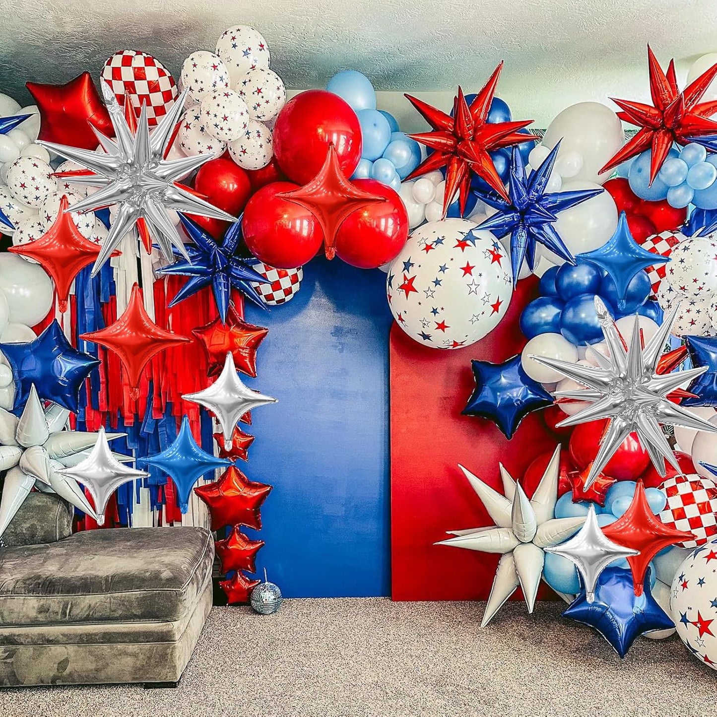Red Blue Silver Star Balloons,6Pcs 22Inch Explosion Star Balloons and 10Pcs 10Inch Four Angle Balloon Kit for 4th of July Independence Day Birthday Anniversary Usa Party Patriotic Decorations