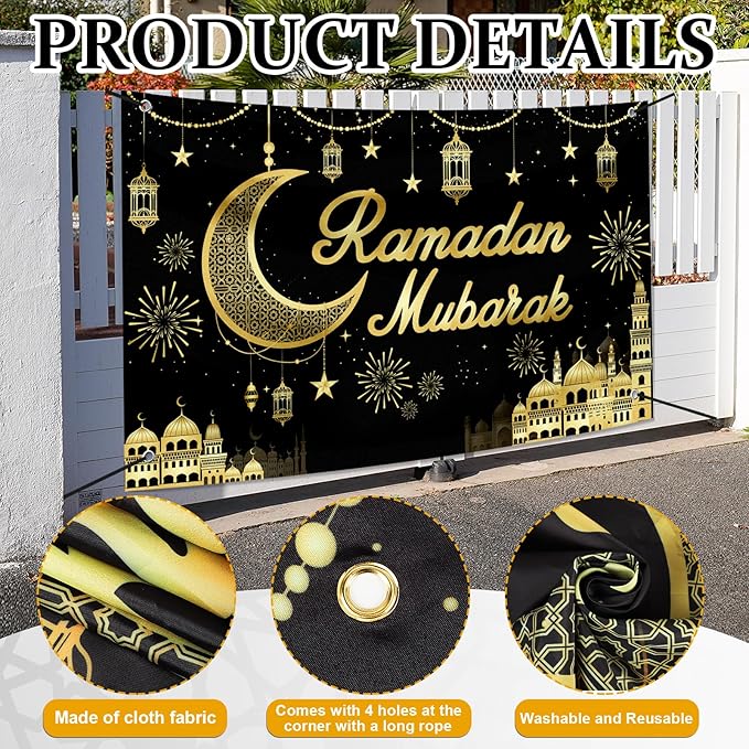 Large Ramadan Banner Decorations Outdoor 72x44 Inch,Eid Ramadan Mubarak Kareem Ramadan Photography Banner for Muslim Indoor Home House Decor Party Supplies,Yard Sign Photography Background Black Gold