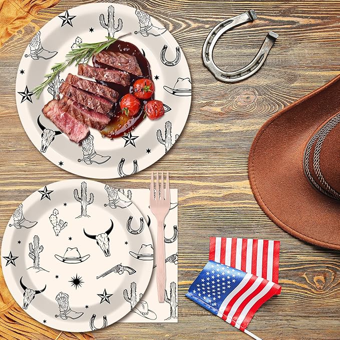 96PCS Western Cowboy Party Paper Plates and Napkins Set for Rodeo Party Cake Dessert Plates Disposable Decor Supplies Wild West Bachelorette Tableware for Kids Birthday Gatherings Decorations