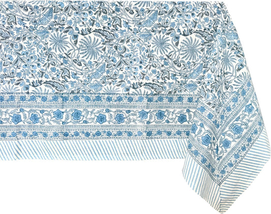 ATOSII Butterfly Blue 100% Cotton Rectangle Summer Tablecloth, Handblock Floral Print Linen Table Cloth for Kitchen Dining I Parties, Weddings, Outdoors, Decor 60 X 90 Inches, 6 Seater