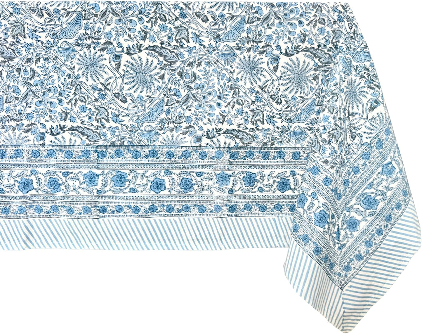 ATOSII Butterfly Blue 100% Cotton Rectangle Summer Tablecloth, Handblock Floral Print Linen Table Cloth for Kitchen Dining I Parties, Weddings, Outdoors, Decor 60 X 108 Inches, 8 Seater