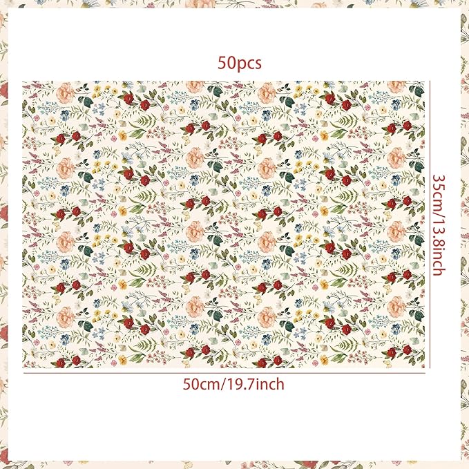 BACH AND BOUJEE 50 Sheets Vintage Wildflower Tissue Paper Floral Wrapping Paper Flower Printed DIY Craft Tissue Papers for Gift Bags Greenery Gift Wrap Packaging Bridal Shower Wedding Birthday