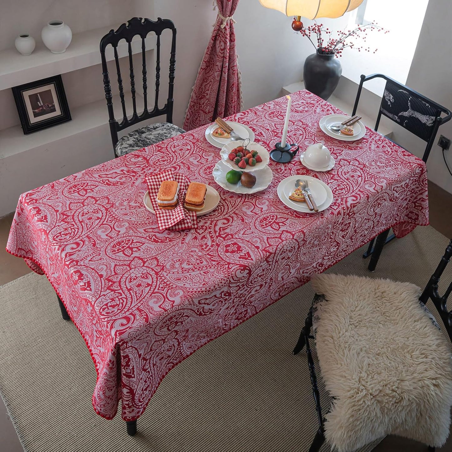 ENJOYBRIDAL Red Paisley Tablecloth - 60 x 102 Inch - Waterproof Rectangle Table Cloth Jacquard Washable Dining Polyester Table Cover 8-10 Seats Picnic Camping Boho Farmhouse Furniture Protector