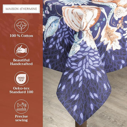 Maison d' Hermine Table Cloth Rectangle Table 100% Cotton 70 x 120 Inches Fall Tablecloth Reusable Everyday Use for Thanksgiving Christmas Decorations Dining Farmhouse Party (Pumpkin Blues)