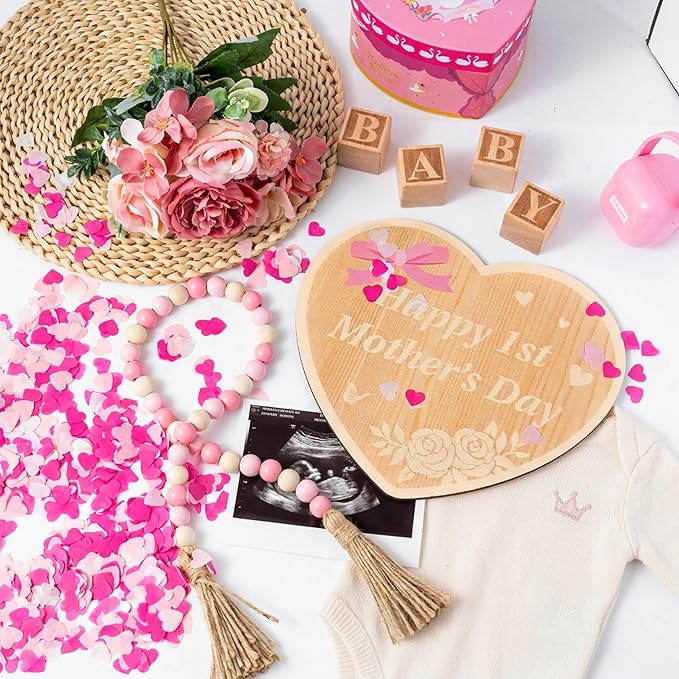 Mother's Day Pregnancy Announcement Set - 8Pcs Coming Soon Baby Announcements Ideas Include Wooden Sign Flower Beads Garland New Mom Pregnancy Reveal Photo Props for Grandparents Dad Husband Family