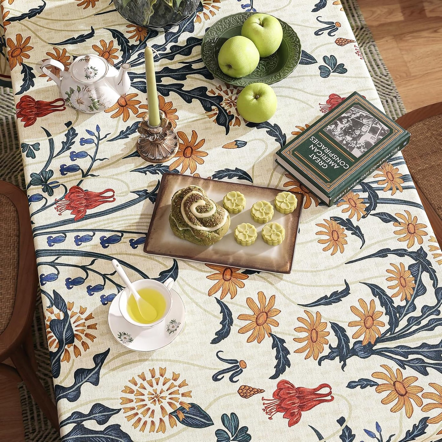 French Vintage Small Rectangular Tablecloth,Linen Tablecloth with Gold and Red Floral Pattern,Decorative Table Cover for Kitchen,Dining,Thanksgiving,Christmas,Party,55"*71"-Tijuana