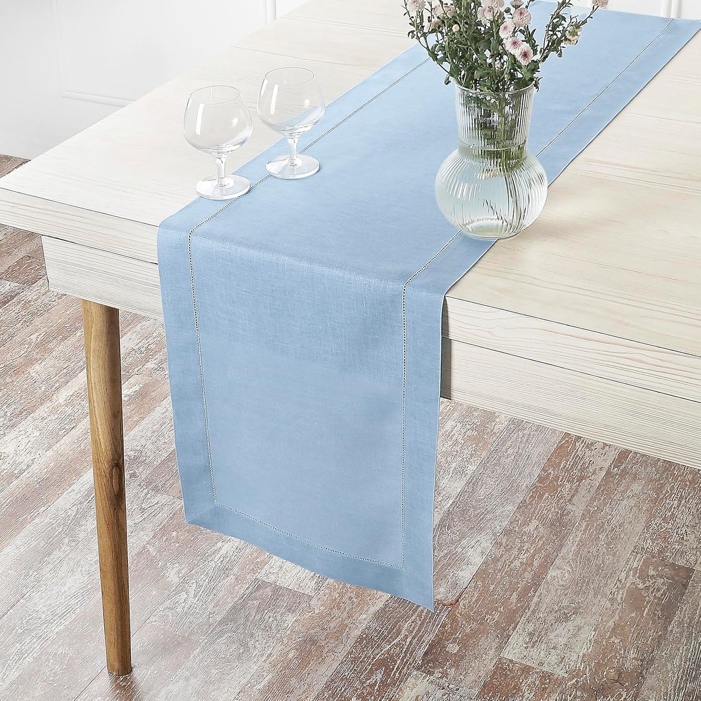 D'Moksha Homes Linen Powder Blue Table Runner 48 Inches - Classic Hemstitch, 100% Pure Linen Coffee Table Runner 14 x 48 Inch Ideal for Dresser Tables - Fall, Autumn and Halloween