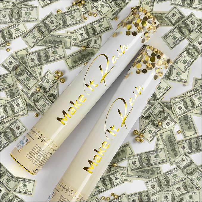 PrimePure Confetti Cannon Party Poppers - Biodegradable Money Confetti Poppers - 2 Pack - Mini 100 Dollar Confetti Party Poppers Shooters for Events, Birthday, Celebrations