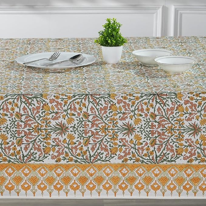 Ridhi - Goldenrod Yellow Hand Block Print Cotton Cloth Dinning Table Cover Wedding Farmhouse Thanks Giving Christmas Spring Tablecloth 4 Seater 60x60 Inches