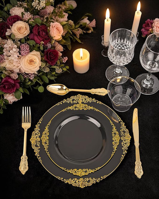 Nervure 100PCS Black Gold Plastic Plates - 7.5 inch Black Plastic Plates with Gold Rim - Disposable Dessert Plates for Wedding & Party