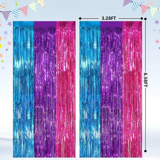 2Pack Blue Purple Pink Party Streamers, Blue Metallic Tinsel Streamers for Birthday Wedding Party Decors Graduation Baby Shower, Photo Booth Props for Bachelorette Decors Xmas Halloween Party Backdrop