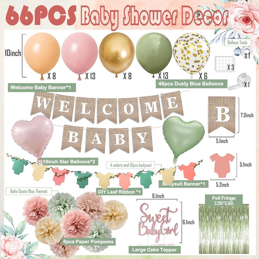 Pink Green Baby Shower Decorations Girls with Welcome Baby Banner, Paper Pom Poms, Sweet-Girl Baby Cake Topper, Retro Olive Pink Metallic Balloon Décor for Easter Jungle Safari Fairy Baby Shower Party