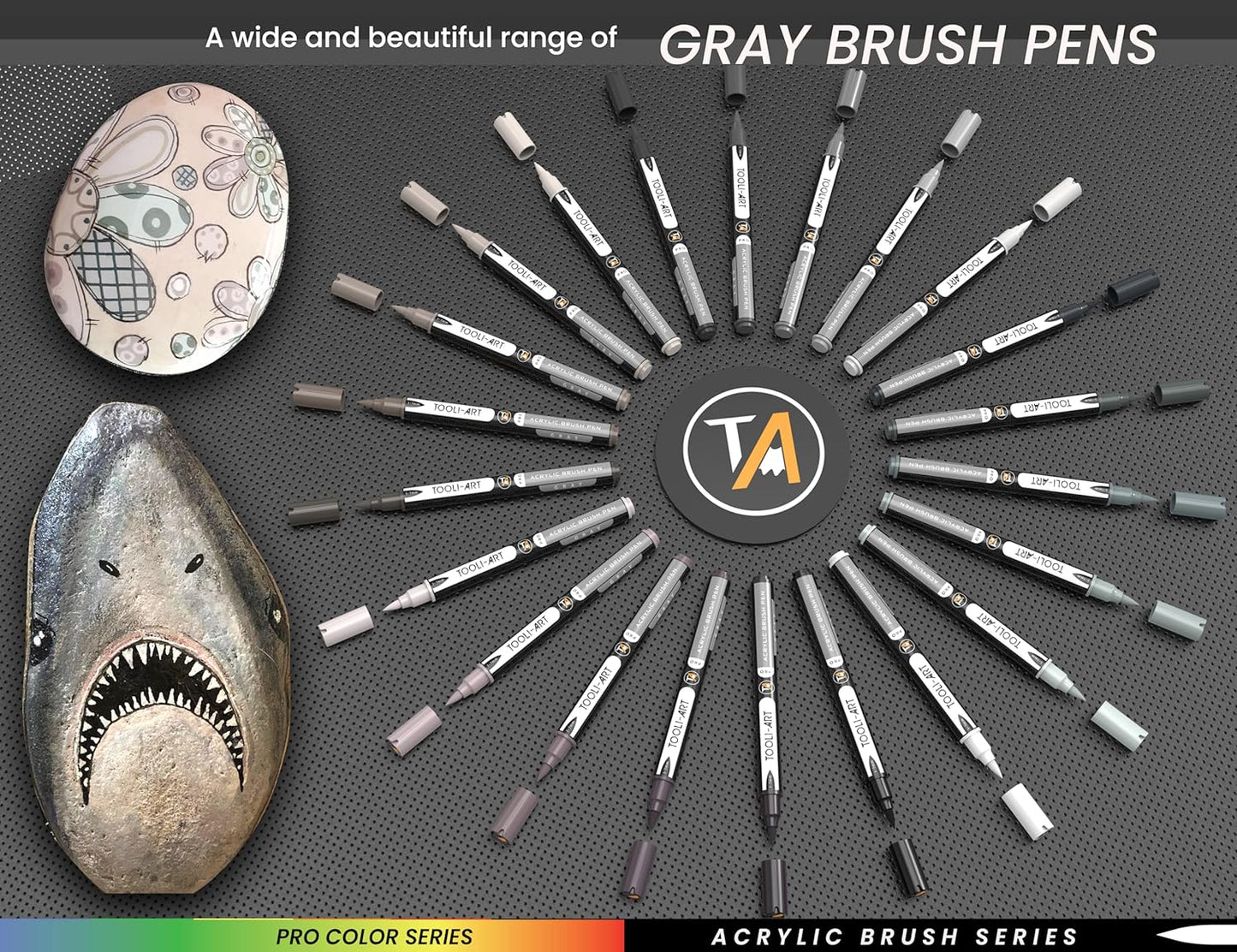 22 Flexible Brush Tip Acrylic Paint Pens Markers Set 1-7mm Line for Rock Painting, Brush Lettering, Glass, Mugs, Wood, Metal, Canvas, Fabric, Plastic. Non Toxic Waterbased Quick Drying Assorted Gray