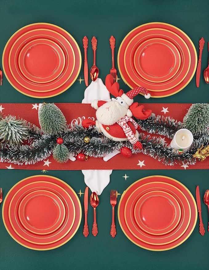 WDF 25PCS Red Plastic Charger Plates - 12inch Red and Gold Chargers for Dinner - Disposable Charge Plates - Perfect for Wedding Baby Shower Spring Birthday Elegant Tabletop Decor