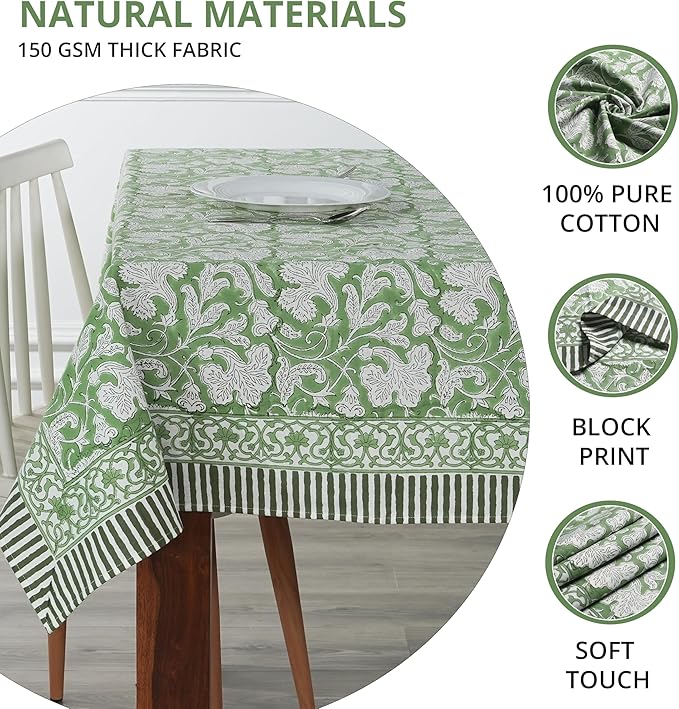 Ridhi - Hand Block Print Cotton Cloth Dinning Table Cover Wedding Farmhouse Thanks Giving Christmas Spring Tablecloth (Sage Green, 10 Seater 80x120 Inches)
