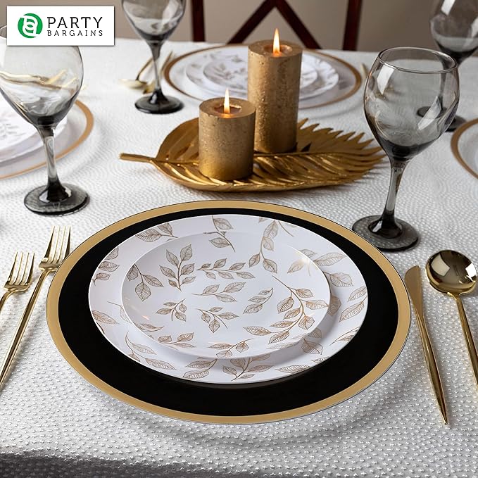 PARTY BARGAINS 13-Inch Charger Plates - 48 Pack, Black Gold Rim, Heavy-Duty Disposable Chargers for Elegant Dining - Ideal for Weddings and Formal Events