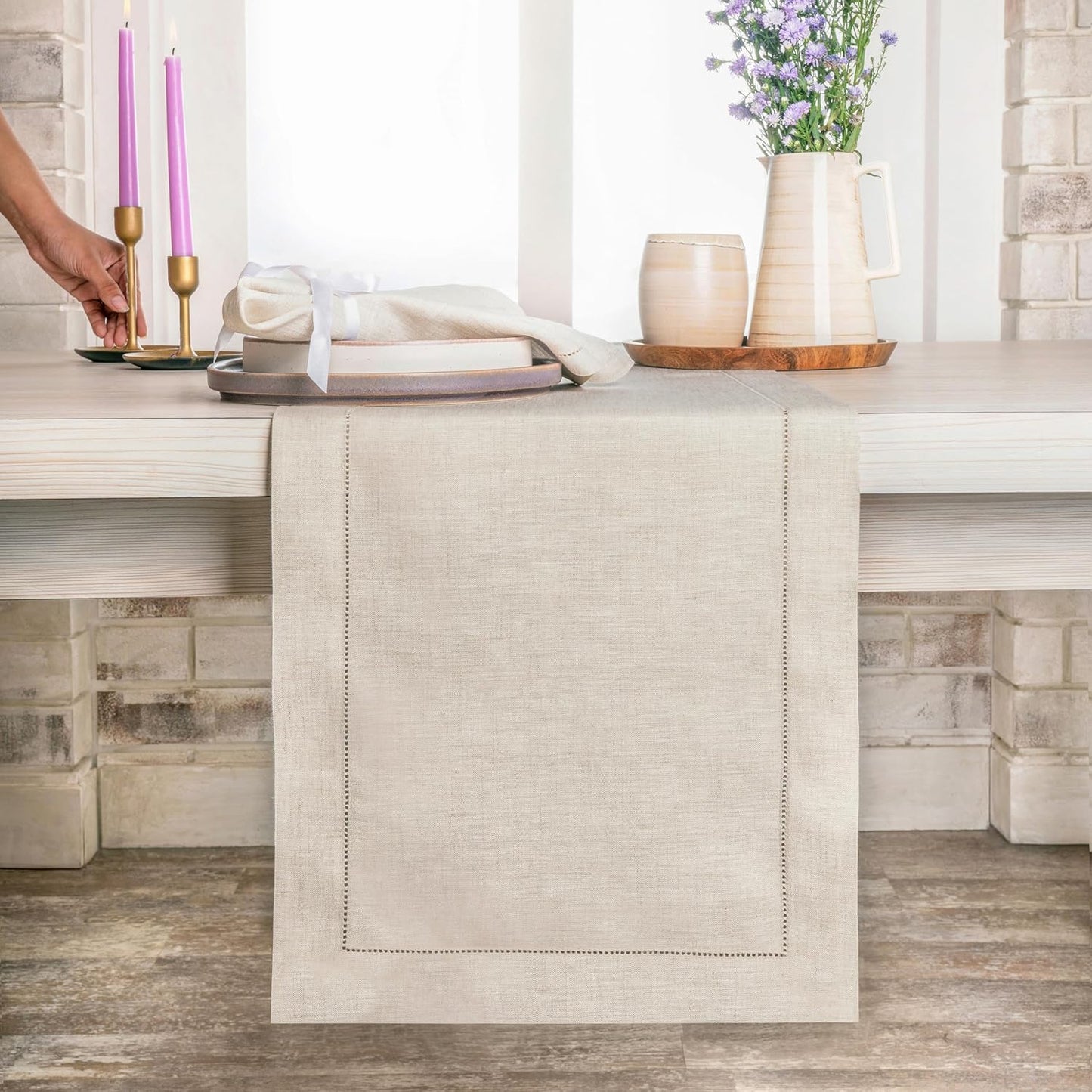 D'Moksha Homes Linen Light Natural Table Runner 108 Inches Long - 100% Pure Linen 14 x 108 Inch Table Runner for Fall, Autumn and Halloween - Classic Hemstitch