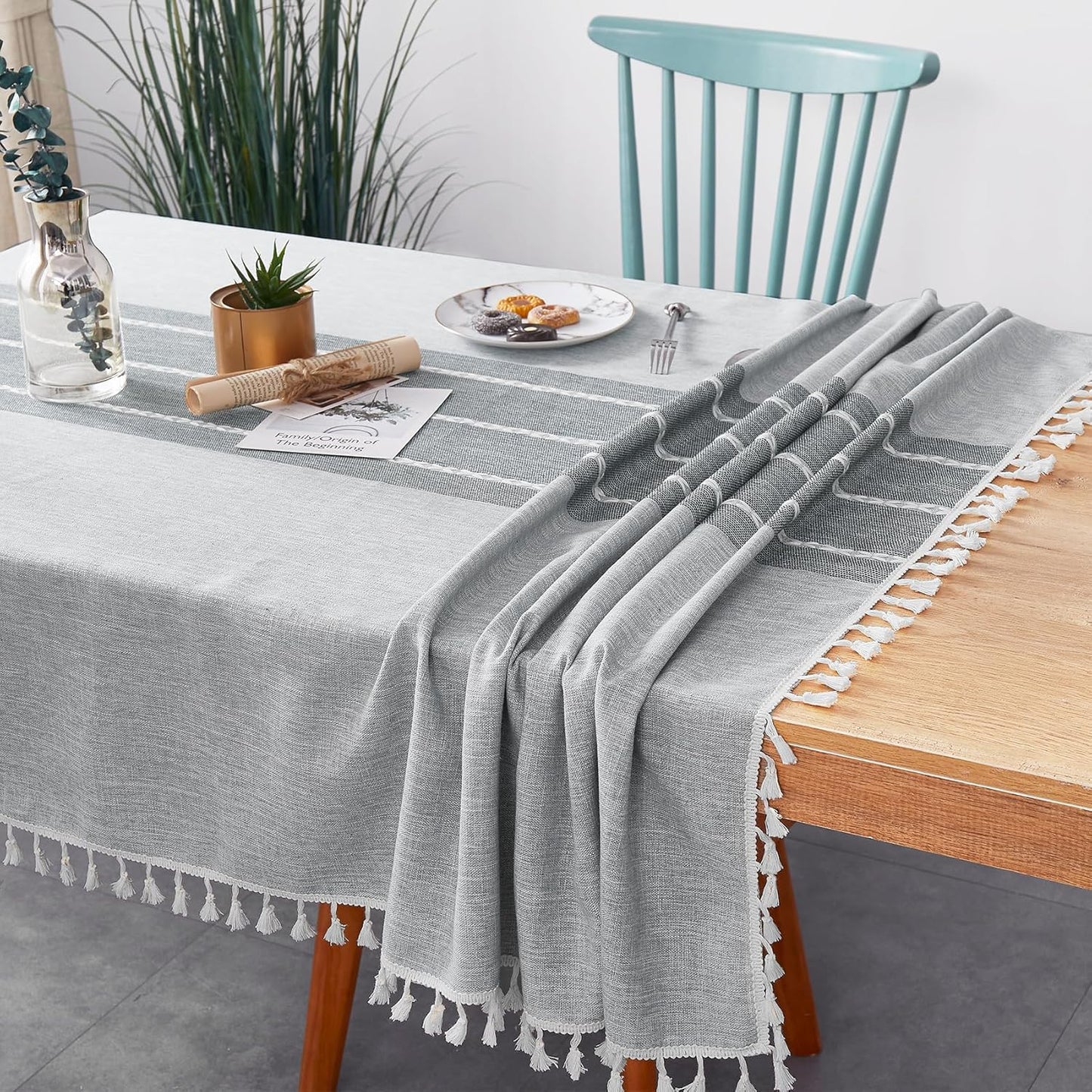 Oubonun Cotton Linen Rectangular Tablecloth - Wrinkle Resistant & Waterproof - Machine Washable Table Cloth with Tassels for Kitchen & Dining, 55''x120'', 10-12 Seats